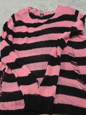Dolls Kill Grave Girls Striped Pink and Black Distressed Knit Sweater
